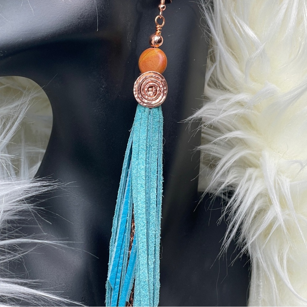 Natural Jasper And Genuine Turquoise Blue Leather Fringe And Copper Artisan - Picture 4 of 14